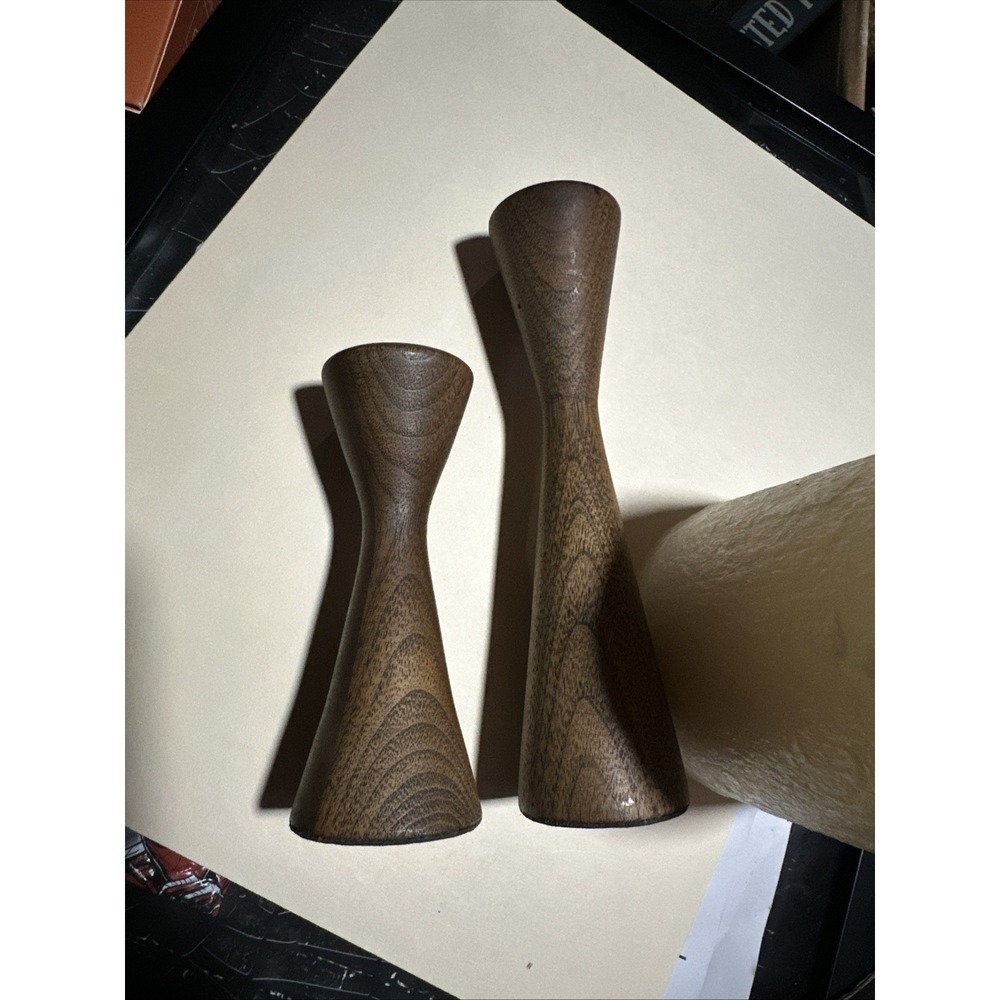 Set Of 2 Vintage Hand Turned Walnut Candlesticks one 7" and one 5"